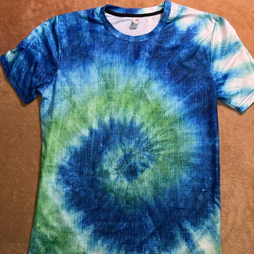 Women‎ Medium Blue Green Tie Dye Swirl Printed BOHO Hippie Polyester Shirt